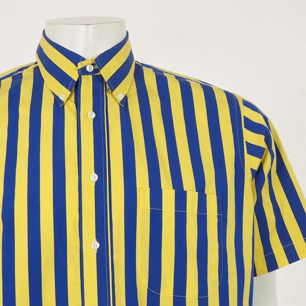 Maus & Hoffman Button Down Shirt Mens Large Yellow Blue Striped Pocket Cotton